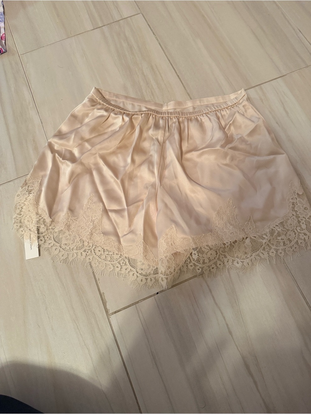 Reformation Almond Satin Shorts with Lace Trim - Picture 2 of 6